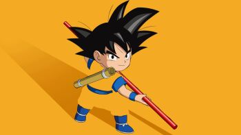 1boy aged_down artist_request black_eyes black_hair blending blue_footwear dougi dragon_ball dragon_ball_daima dragon_ball_xenoverse highres holding holding_staff loading_screen looking_at_viewer looking_back male_focus official_art official_wallpaper orange_background orange_dougi ruyi_jingu_bang short_hair smirk solo son_goku spiked_hair staff third-party_source