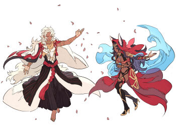 1boy 1girl absurdres animal_ears barefoot black_hair black_hakama black_thighhighs bowing braid breasts closed_mouth dark-skinned_female dark-skinned_male dark_skin ears_through_headwear falling_petals fate/grand_order fate_(series) film_grain flower_knot full_body hair_over_shoulder hakama hakama_pants hand_tattoo head_chain high_heels highres jackal_ears japanese_clothes jewelry large_breasts light-skinned_palms long_hair multiple_rings neck_ring outstretched_arms pants pen_(user_hjhs5877) petals queen_of_sheba_(fate) red_veil ring shirt shoes side_braid simple_background single_braid sleeveless sleeveless_shirt smile solomon_(fate) tassel tattoo thighhighs throwing throwing_petals thumb_ring toe_ring veil very_long_hair white_background white_hair white_shirt yellow_shoes