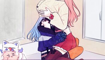 Rule 34 | 2girls, aran sweater, blue hair, blue jacket, cable knit, commentary, hand on another's waist, highres, hololive, hoshimachi suisei, indoors, jacket, long hair, multiple girls, pink hair, pleated skirt, purple thighhighs, red skirt, sakura miko, shared clothes, shared sweater, skirt, sweater, untranslatable commentary, thighhighs, virtual youtuber, yellow sweater, yumi5469, yuri