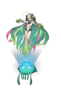 1girl absurdres ahoge armpits beeeeen detached_sleeves flat_chest full_body gloves green_eyes green_hair hair_between_eyes hair_ornament highres hologram huge_ahoge ireina_(last_origin) iridescent_clothes last_origin long_hair looking_at_viewer multicolored_hair navel non-web_source official_art pink_hair see-through_clothes see-through_pantyhose short_shorts shorts solo squid tachi-e transparent_background two-tone_hair very_long_hair