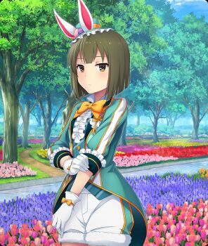 1girl animal_ears ban_tsugumi blunt_ends blush bob_cut bow bowtie bush closed_mouth cloud cowboy_shot day dot_nose easter fake_animal_ears flower flower_bed fur-trimmed_shorts fur_trim game_cg glove_bow gloves green_hair green_hat green_jacket hand_on_own_arm hat hat_with_ears jacket looking_at_viewer mini_hat official_art orange_bow orange_bowtie outdoors path pink_flower purple_flower rabbit_ears red_flower river road short_hair shorts solo third-party_source toji_no_miko toji_no_miko:_kizamishi_issen_no_tomoshibi tree white_gloves white_shorts yellow_eyes yellow_flower