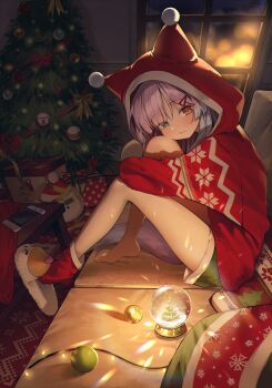 1girl absurdres ayoni_623 black_shorts blue_eyes brown_eyes christmas_ornaments christmas_present christmas_tree closed_mouth commentary couch full_body gift hair_ornament hairclip heterochromia highres hood hoodie hugging_own_legs inari_(tenko_shibuki) indoors knees_up long_sleeves looking_at_viewer looking_to_the_side night nintendo_switch on_couch print_sweater purple_hair red_hoodie red_socks red_sweater shoe_dangle shoes short_shorts shorts single_bare_foot single_shoe single_slipper single_sock sitting slippers snow_globe snowflake_print socks solo stellive sweater symbol-only_commentary tenko_shibuki turning_head virtual_youtuber window