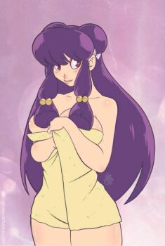 1girl double_bun hair_bun long_hair purple_hair ranma_1/2 ribbon shampoo_(ranma_1/2) sidelocks towel