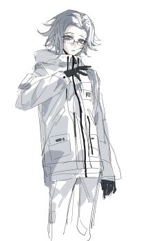 aotsuki_eito binxngchng1 black_gloves closed_mouth eyebrows eyelashes glasses gloves hand_up highres long_sleeves male_focus parted_hair purple_eyes simple_background sketch solo solo_focus standing the_hundred_line_-last_defense_academy- white_background white_hair