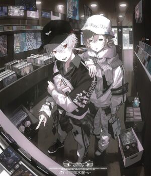 Rule 34 | 2boys, :d, armband, bag, baseball cap, black armband, black hat, black shirt, black shoes, blue eyes, box, brown hair, bucket hat, cd case, ceiling light, character doll, clothes around waist, clothes on shoulders, collared shirt, commentary, doll, ear piercing, fangs, fanny pack, fisheye, grey pants, grey shirt, guigui rongrong, hair between eyes, hair bun, half-closed eye, hand on another's shoulder, hat, highres, holding, holding bag, indoors, jacket, kanae (nijisanji), kuzuha (nijisanji), layered sleeves, long hair, long sleeves, looking at another, male focus, mole, mole under eye, multiple boys, muted color, neck pillow, nijisanji, open mouth, pants, parted lips, paw print, piercing, plaid clothes, pointing, pointy ears, poster (object), print shirt, red eyes, shelf, shirt, shirt under shirt, shoes, shop, shopping bag, short over long sleeves, short sleeves, sideways glance, single hair bun, sleepy, smile, sneakers, untranslatable commentary, untucked shirt, virtual youtuber, watch, watermark, weibo watermark, white hat, white jacket, white pants, white shoes, wristwatch