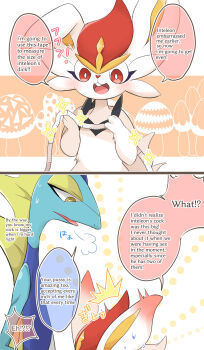 !? 2021 absurdres ajiwo bad_tag blowing blush cinderace ear_blush english_text explicit_text female female_cinderace female_pokemon fur furry furry_with_furry gen_8_pokemon hetero highres inteleon male male_pokemon male_pokemon/female_pokemon measuring measuring_penis nintendo one_ear_up open_mouth penis pokemon pokemon_(creature) profanity red_eyes scalie talking tape_measure teeth white_fur