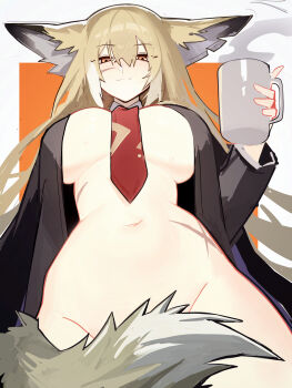 1girl animal_ear_fluff animal_ears arknights black_coat blonde_hair breasts closed_mouth coat convenient_censoring cup distr facial_scar fox_ears fox_girl fox_tail half-closed_eyes highres holding holding_cup large_breasts long_hair looking_at_viewer navel necktie no_bra no_panties no_pants no_shirt open_clothes orange_eyes paid_reward_available red_necktie scar scar_on_cheek scar_on_face scar_on_hip simple_background smile solo steam stomach tail tail_censor underboob very_long_hair vulpisfoglia_(arknights)