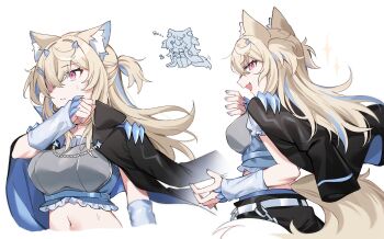 1girl alonekm animal_ear_fluff animal_ears black_jacket blonde_hair blue_hair blue_shirt breasts cropped_shirt dog_ears dog_girl fuwawa_abyssgard hair_between_eyes highres hololive hololive_english jacket jacket_on_shoulders large_breasts multicolored_hair multiple_views navel pink_eyes shirt simple_background streaked_hair two-tone_hair two_side_up upper_body virtual_youtuber white_background