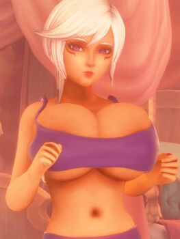 1girl 3d animated animated_gif armpits arms_up bouncing_breasts breasts bursting_breasts cia_(hyrule_warriors) cleavage clothes_lift dark-skinned_female dark_skin female_focus highres huge_breasts hyrule_warriors lips looking_at_viewer n-nurico navel nintendo nipples purple_eyes red_pupils shirt_lift short_hair solo the_legend_of_zelda underboob undressing white_hair