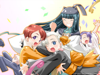 Rule 34 | ^ ^, akane sora, animal ear headwear, animal hat, arms up, back bow, black hair, black hat, black kimono, blonde hair, blue eyes, blunt bangs, bow, cat hat, clenched hand, closed eyes, confetti, copyright notice, fake animal ears, frilled sleeves, frills, hair bow, hand up, happy, hat, highres, hino kei, hokuto (mutsuboshi kirari), hoshimi subaru, imminent hug, japanese clothes, kimono, long hair, long sleeves, looking at viewer, looking to the side, looking up, mutsuboshi kirari, obi, official art, official wallpaper, one eye closed, open mouth, orange bow, orange sash, orange shirt, purple eyes, purple hair, red hair, sash, shirt, short hair, sleeves past fingers, sleeves past wrists, smile, taguchi makoto, tenkawa kaguya, throwing, throwing hat, twintails, vest, watermark, web address, white hair, white kimono, white vest, wide sleeves, yellow bow