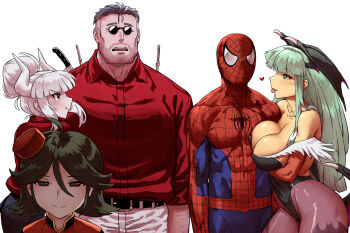 2boys 3girls animal_print arm_hair bare_shoulders bat_print belt black_belt black_horns black_leotard blue_bodysuit bodysuit breasts closed_mouth couple crossover darkstalkers demon demon_girl demon_horns demon_wings elevator_girl_(the_elevator) elevator_operator green_eyes haraya_manawari head_wings heart helltaker helltaker_(character) highres horns jealous large_breasts leotard long_hair looking_at_another low_wings lucifer_(helltaker) marvel marvel_vs._capcom morrigan_aensland multicolored_bodysuit multiple_boys multiple_crossover multiple_girls pants pantyhose print_bodysuit print_pantyhose red_bodysuit red_eyes red_shirt round_eyewear shirt short_hair simple_background smile spider-man spider-man_(series) spider_print spider_web_print split_mouth sunglasses superhero_costume textless_version the_elevator_(game) tongue tongue_out two-tone_bodysuit white_background white_pants wings