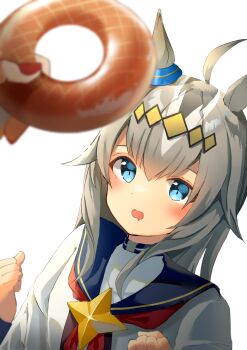 Rule 34 | 1girl, 1other, ahoge, animal ears, blue eyes, blue sailor collar, blush, brooch, commentary request, donut, drooling, ear ornament, food, grey hair, hair between eyes, hair ornament, highres, holding, holding donut, holding food, horse ears, horse girl, jewelry, long hair, long sleeves, mouth drool, multicolored hair, neckerchief, oguri cap (starlight beat) (umamusume), oguri cap (umamusume), onemu (degukawaiine), open mouth, red neckerchief, sailor collar, shirt, star brooch, umamusume, white shirt