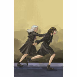 Rule 34 | 2girls, aged down, athena (ff14), black capelet, black dress, black shoes, blue eyes, braid, brown hair, capelet, closed eyes, commentary, crown braid, dress, english commentary, final fantasy, final fantasy xiv, full body, looking ahead, medium hair, multiple girls, open mouth, pillarboxed, profile, running, shoes, short hair, smile, venat (ff14), white hair, zmeoow