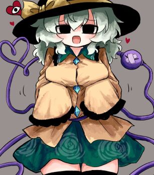 Rule 34 | 1girl, black eyes, black hat, black thighhighs, bow, breasts, buttons, collared shirt, commentary request, diamond button, empty eyes, eyeball, floral print, frilled shirt collar, frilled sleeves, frills, green hair, green skirt, grey background, hat, hat bow, heart, heart of string, heripantomorrow, komeiji koishi, large breasts, long hair, long sleeves, looking at viewer, open mouth, print skirt, rose print, shirt, simple background, skirt, sleeves past fingers, sleeves past wrists, smile, solo, tape, thighhighs, third eye, touhou, wide sleeves, yellow bow, yellow shirt