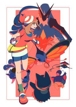 1girl :d absurdres beautifly bike_shorts black_shorts black_socks blaziken blue_eyes brown_hair cccacademia fanny_pack gen_1_pokemon gen_3_pokemon gen_4_pokemon glaceon gloves highres holding holding_poke_ball leg_up legendary_pokemon manaphy may_(pokemon) munchlax mythical_pokemon nintendo open_mouth poke_ball poke_ball_(basic) pokemon pokemon_(anime) pokemon_(creature) pokemon_rse_(anime) red_shirt red_shoes shirt shoes short_hair short_sleeves shorts signature skitty smile socks standing standing_on_one_leg venusaur wartortle