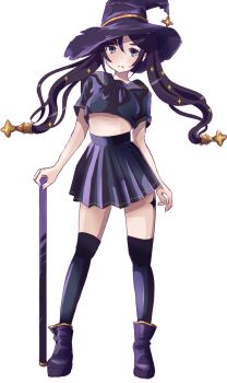 1girl boots commentary cropped_shirt derivative_work genshin_impact highres long_hair looking_at_viewer midriff mona_(genshin_impact) purple_boots purple_hair purple_sailor_collar purple_shirt purple_skirt purple_thighhighs sailor_collar school_uniform serafuku shirt simple_background skirt standing thighhighs twintails white_background yomogi130