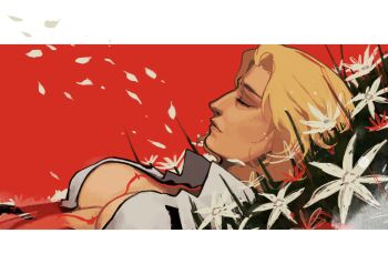 1girl blonde_hair breasts closed_eyes flower grass highres kseichu lips long_hair lying mature_female medium_breasts metal_gear_(series) metal_gear_solid_3:_snake_eater on_back on_grass parted_bangs petals popped_collar rain red_background scar scar_on_chest skinsuit solo the_boss white_flower