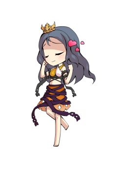 1girl bare_shoulders barefoot black_ribbon blue_hair breasts chibi chibi_only chirizuka_ubame clenched_hands closed_mouth commentary_request crop_top dairi full_body hands_up heart large_variant_set long_hair medium_breasts orange_skirt purple_ribbon ribbon ribbon_around_body simple_background skirt smile solo standing standing_on_one_leg stomach tachi-e tank_top tiara touhou transparent_background variant_set