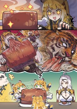 Rule 34 | + +, 1boy, 2girls, absurdres, ahoge, animal ear fluff, animal ears, bow, breasts, cleavage, colored inner hair, eating, fat, fat man, fingerless gloves, gloves, green eyes, hair ornament, highres, jacket, ju fufu, large breasts, long hair, multicolored fur, multicolored hair, multiple girls, orange fur, pan yinhu, panda boy, panda ears, round eyewear, sakana (fishchunk), smile, speech bubble, striped fur, tail, tail bow, tail ornament, thought bubble, tiger, tiger ears, tiger girl, tiger stripes, tiger tail, upper body, white fur, white hair, yellow eyes, yellow jacket, yin yang pin, yixuan (zenless zone zero), zenless zone zero