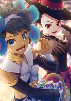2girls :d basket black_hair blue_eyes bow brown_hair commentary_request detached_sleeves dress earrings eyelashes gloves hair_ornament halloween_costume hand_up hands_up hat hat_ribbon highres jewelry lower_teeth_only multiple_girls nintendo noshigi_(nosi_gi) official_alternate_costume open_mouth phoebe_(fall_2023)_(pokemon) phoebe_(pokemon) pink_eyes pokemon pokemon_masters_ex ribbon roxanne_(fall_2023)_(pokemon) roxanne_(pokemon) short_hair smile sparkle teeth tongue witch_hat