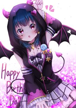 1girl absurdres alternate_hairstyle artist_name artist_request bare_shoulders belt_boots black_boots black_bow black_bowtie black_choker black_jacket black_legwear black_vest black_wings blue_hair blush boots bow bowtie breasts candy chain checkered_clothes checkered_skirt chest_tattoo choker cleavage collarbone cross-laced_clothes demon_girl demon_hood demon_horns demon_tail demon_wings detached_sleeves devil_rocker_(love_live!) dress dress_shirt earrings facial_mark female_focus food frilled_dress frilled_sleeves frills garter_straps glint gold_chain heart heart_(symbol) high_heel_boots high_heels highres hood hood_up hooded_jacket hoodie horns horns_through_headwear jacket jewelry lace lace-trimmed_legwear lace_trim lollipop long_hair long_sleeves looking_at_viewer love_live! love_live!_school_idol_festival love_live!_school_idol_festival_all_stars love_live!_sunshine!! medium_breasts miniskirt nail_(hardware) nail_polish open_clothes open_jacket parted_lips pink_legwear pink_nails plaid_clothes plaid_skirt pleated pleated_skirt purple_eyes purple_legwear reaction ring shirt short_hair skirt smile solo sparkle sparkle_print star_(symbol) star_earrings striped_legwear tail tattoo tsushima_yoshiko vest white_background white_skirt wings zipper zipper_pull_tab