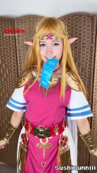 1girl animated bra breasts condom condom_wrapper cosplay dress fake_ears fake_pointy_ears female_focus holding holding_condom nintendo nipples nude pointy_ears princess_zelda princess_zelda_(cosplay) real_life small_breasts solo sushibunniii tagme the_legend_of_zelda the_legend_of_zelda:_ocarina_of_time uncensored underwear undressing video white_bra
