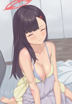 1girl absurdres alternate_costume bare_arms bare_shoulders barefoot blue_archive blue_bra blush bra breasts cleavage closed_eyes commentary dress green_dress hair_ornament hairclip halo highres ichika_(blue_archive) large_breasts long_hair red_halo sleeveless sleeveless_dress soles solo underwear vulphree