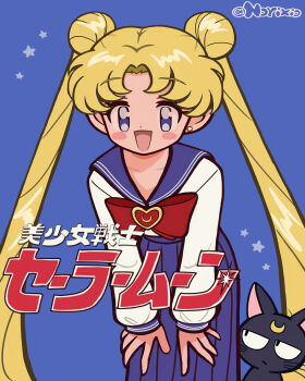 1girl :d animal artist_name bishoujo_senshi_sailor_moon black_cat blonde_hair blue_background blue_eyes blue_sailor_collar blue_skirt blush_stickers bow bowtie cat collarbone copyright_name crescent crescent_facial_mark double_bun facial_mark forehead_mark hair_bun highres juuban_middle_school_uniform leaning_forward logo long_hair looking_at_viewer luna_(sailor_moon) no_dickey norixio open_mouth pleated_skirt red_bow red_bowtie sailor_collar school_uniform serafuku shirt skirt smile star_(symbol) tsukino_usagi twintails very_long_hair whiskers white_shirt