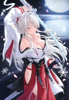 Rule 34 | 1girl, absurdres, arm up, armpits, bare shoulders, breasts, cleavage, commentary request, fingernails, hakama, hakama skirt, highres, hiyuki (wuthering waves), holding, holding sheath, holding sword, holding weapon, japanese clothes, jewelry, katana, kimono, large breasts, light blush, long hair, looking at viewer, moon, nail polish, necklace, off shoulder, parted lips, petals, pink petals, red eyes, red hakama, red nails, scabbard, sheath, shinigami kiraki, skirt, snowflakes, solo, sword, tacet mark (wuthering waves), weapon, white hair, white kimono, wuthering waves