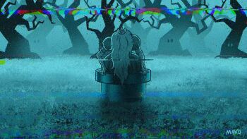 1girl aqua_theme artist_name artist_request bare_tree climbing crown drawfag dress elbow_gloves film_grain forest glitch gloves hair_over_face highres horror_(theme) long_hair mako_(4chan) mario_(series) md5_mismatch nature nintendo parody princess_peach signature solo static the_ring tree very_long_hair warp_pipe