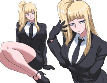 Rule 34 | 1girl, black gloves, black necktie, blazer, blonde hair, blue eyes, breasts, collared shirt, commentary request, gloves, high heels, highres, jacket, kolin, large breasts, legs together, multiple views, nasu (ilo a5), necktie, pencil skirt, shirt, side ponytail, sitting, skirt, strappy heels, street fighter, street fighter v, thighs, white background, white shirt