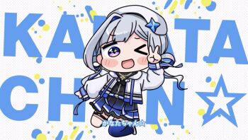 &gt;_o 1girl ;d amane_kanata amane_kanata_(work) asymmetrical_legwear beret black_dress black_sweater blue_dress blue_hair blue_thighhighs blush_stickers character_name chibi commentary_request dress full_body grey_hair hand_up hat highres hololive hood hood_down hooded_jacket jacket long_hair long_sleeves looking_at_viewer low_twintails mismatched_legwear mochimiko multicolored_hair official_art one_eye_closed open_clothes open_jacket open_mouth pleated_dress puffy_long_sleeves puffy_sleeves ribbed_sweater shoes single_hair_intake smile solo sweater text_background thighhighs translation_request twintails two-tone_hair v very_long_hair virtual_youtuber white_hat white_jacket white_shoes white_thighhighs