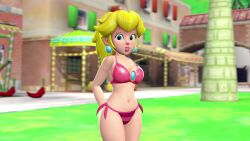 1girl 3d absurdres animated arms_behind_back ass audible_speech bikini blonde_hair blue_eyes breasts cleavage english_audio half-closed_eyes hands_on_own_hips highres huge_ass large_breasts legs long_hair looking_at_viewer mario_(series) multiple_views navel nintendo novasupra outdoors pink_bikini pink_lips ponytail princess princess_peach seductive_gaze seductive_smile smile sound swimsuit tagme talking thighs video