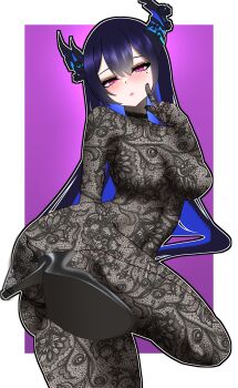 1girl absurdres ass asymmetrical_horns black_hair black_horns blue_hair bodystocking border breasts cowboy_shot high_heels highres hololive hololive_english horns lace large_breasts long_hair mole mole_under_eye n4hkz nerissa_ravencroft purple_background purple_eyes simple_background solo standing standing_on_one_leg uneven_horns virtual_youtuber white_border