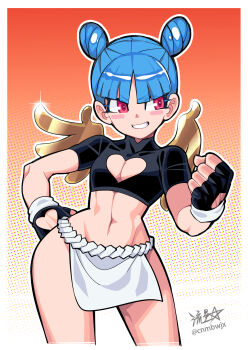 1girl black_gloves blue_hair blush_stickers borrowed_character breasts cleavage cleavage_cutout clenched_hand clothing_cutout commentary commentary_request contrapposto crop_top double_bun english_commentary fingerless_gloves fundoshi glint gloves gradient_background grin hair_bun halftone halftone_background hand_on_own_hip highres japanese_clothes loincloth mixed-language_commentary navel orange_hair original pear-shaped_figure petite red_eyes ryuusei_(mark_ii) short_hair signature small_breasts smile solo turtleneck twitter_username wings