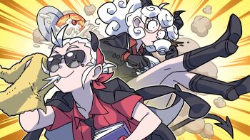 2girls black_boots black_horns boots broken_eyewear cinnamon_roll coffee cup food glasses helltaker holding holding_cup holding_saucer horns justice_(helltaker) kyo-hei_(kyouhei) multiple_girls pandemonica_(helltaker) pastry plate saucer sunglasses teacup white_hair