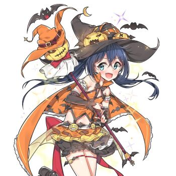 1girl aqua_eyes bare_shoulders bat_(animal) black_boots black_skirt blue_hair boots cape commentary_request frilled_skirt frills hat long_hair midriff multicolored_skirt open_mouth orange_cape orange_skirt pumpkin rena_(uchihime) skirt twintails uchi_no_hime-sama_ga_ichiban_kawaii witch witch_hat yellow_skirt