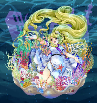 1girl :d arm_up barefoot barnacle black_hairband blonde_hair blue_background brown_eyes building commentary conch coral coral_reef dress floating_hair frilled_dress frills full_body hair_ornament hairband hand_up hermit_crab highres knees light_blush long_hair moray_eel myouga_teien open_mouth purple_nails sea_anemone shell shell_hair_ornament short_sleeves smile solo starfish teeth touhou underwater upper_teeth_only very_long_hair watari_nina white_dress