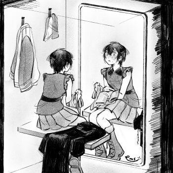 1girl belt bench black_belt black_collar black_hair black_jacket blush boots clothes_pin collar commentary crying emily_shaw english_commentary fitting_room frilled_shirt frills from_behind grey_boots grey_shirt grey_skirt greyscale hair_between_eyes holding holding_unworn_clothes jacket kingdom_hearts knee_boots messy_hair mirror monochrome nose_blush parted_lips pleated_skirt reflection shirt short_hair signature sitting skirt sleeveless sleeveless_shirt solo trying_on_clothes unworn_clothes unworn_jacket xion_(kingdom_hearts)