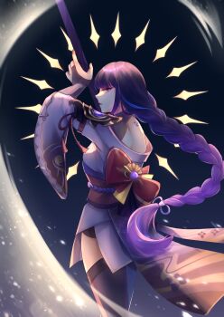 1girl absurdres arm_up back_bow back_tattoo black_thighhighs blue_background blunt_bangs bow braid bridal_gauntlets commentary_request ddmiiyaa engulfing_lightning_(genshin_impact) from_behind from_side genshin_impact gradient_background gradient_hair hair_ornament hair_ribbon highres holding holding_polearm holding_weapon japanese_clothes kimono light_particles lingerie long_braid long_hair looking_at_viewer looking_to_the_side multicolored_hair open_mouth polearm purple_eyes purple_hair purple_kimono raiden_shogun red_sash ribbon sash single_braid slashing solo standing streaked_hair tattoo thighhighs underwear upper_body weapon wide_sleeves