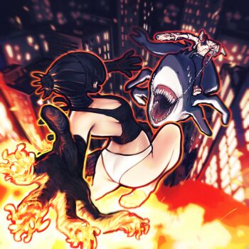 1girl 2boys absurdres alternate_form apron battle beam_(chainsaw_man) black_apron black_gloves bomb_devil_(chainsaw_man) breasts building chainsaw_man city denji_(chainsaw_man) elbow_gloves explosion gloves highres midair multiple_boys night nominoparadox object_head outdoors panties shark sharp_teeth shirt small_breasts teeth underwear white_panties white_shirt