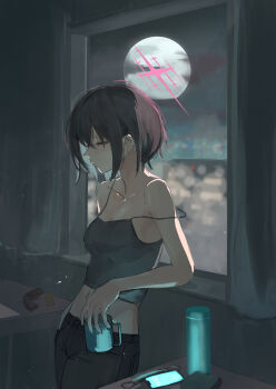 1girl absurdres against_windowsill barbell_piercing black_camisole black_pants blue_archive brown_hair bullet camisole cellphone collarbone commentary_request cup curtains ear_piercing elbow_rest full_moon gun halo handgun hetare_galm_sue highres holding holding_cup industrial_piercing midriff misaki_(blue_archive) moon mug navel off_shoulder pants phone piercing pink_eyes pink_halo revolver ruger_lcr screen_light short_hair smartphone solo table weapon window