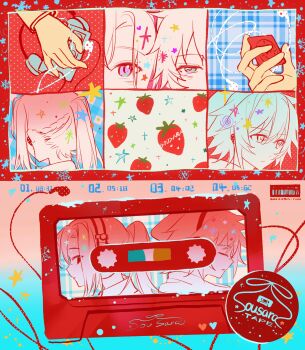 1boy 1girl barcode beanie braid cable cassette_tape chidouin_sara closed_eyes closed_mouth collage commentary double-parted_bangs earbuds earphones english_text expressionless food fruit hair_between_eyes hat headphones highres hiyori_sou holding holding_mp3_player kimi_ga_shine light_blush limited_palette long_hair looking_at_another looking_back mp3_player ponytail ship_name short_hair single_sidelock snowflakes sparkle star_(symbol) strawberry swirl symbol-only_commentary yellowmao0509