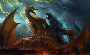 battle bioluminescence claws cloud electricity electrokinesis energy fangs fighting giant giant_monster glowing glowing_eyes godzilla godzilla:_king_of_the_monsters godzilla_(monsterverse) godzilla_(series) highres horns kaiju king_ghidorah king_ghidorah_(monsterverse) legendary_pictures lightning monster monsterverse no_humans open_mouth plutus rain scales sharp_teeth spikes spines tail teeth toho wings yellow_eyes
