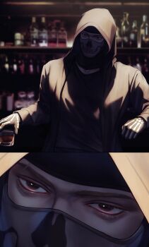 Rule 34 | 1boy, alcohol, bara, black gloves, black jacket, black shirt, call of duty, call of duty: modern warfare 2, cup, ghost (modern warfare 2), gloves, highres, holding, holding cup, hood, hood up, hooded jacket, jacket, male focus, open clothes, open shirt, shirt, solo, zhyphenth