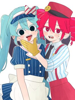 2girls black_eyes black_necktie blue_hair commentary_request drill_hair gloves hat hatsune_miku highres kasane_teto komori_kamome mesmerizer_(vocaloid) multiple_girls necktie open_mouth red_eyes red_hair red_hat sharp_teeth striped_clothes suspenders teeth tongue tongue_out twin_drills twintails waitress yellow_gloves