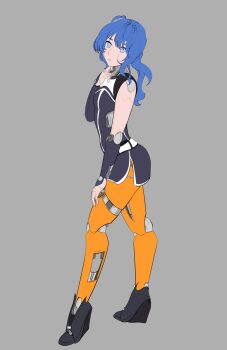 1girl absurdres android belt belt_buckle black_dress blue_eyes blue_hair buckle bzurrf dress grey_background highres hololive hoshimachi_suisei hoshimachi_suisei_(casual) joints long_hair looking_at_viewer mechanization orange_pantyhose pantyhose robot_joints solo virtual_youtuber