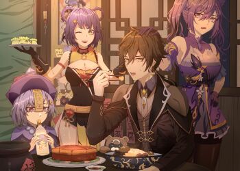1boy 3girls absurdres black_gloves black_jacket black_pantyhose blue_hair bowl breasts brown_hair chinese_clothes chopsticks cleavage cleavage_cutout clothing_cutout commentary_request earrings eating food genshin_impact gloves hair_between_eyes hair_ornament hair_rings hairclip hat highres holding holding_chopsticks holding_plate indoors jacket jewelry jiangshi keqing_(genshin_impact) large_breasts long_hair long_sleeves looking_at_another looking_at_viewer multiple_girls ningguang_(genshin_impact) ofuda ofuda_on_head one_eye_closed open_mouth oro_(lsg0624) pantyhose plate portrait_(object) purple_eyes purple_hair purple_hat qingdai_guanmao qiqi_(genshin_impact) short_hair single_earring smile twintails xiangling_(genshin_impact) yellow_eyes zhongli_(genshin_impact)