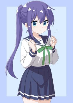 1girl alternate_hairstyle blonde_hair blue_eyes blue_sailor_collar blue_skirt closed_mouth collarbone feet_out_of_frame female_focus green_ribbon hair_between_eyes jin_1116 koisuru_asteroid legs long_hair long_sleeves looking_at_viewer manaka_ao ponytail ribbon sailor_collar school_uniform serafuku shirt simple_background skirt solo sweatdrop white_background