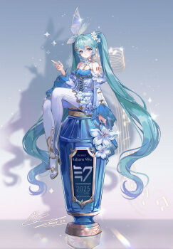 1girl absurdly_long_hair absurdres aqua_eyes aqua_hair aqua_nails arm_tattoo blush breasts chinese_commentary closed_mouth commentary_request detached_sleeves dress earrings flower fortissimo hair_between_eyes hair_flower hair_ornament hatsune_miku high_heels highres jewelry long_hair long_sleeves looking_at_viewer medium_breasts memory_mie musical_note musical_note_hair_ornament musical_staff number_tattoo pantyhose pumps sitting smile solo tattoo twintails very_long_hair vocaloid white_dress white_flower white_pantyhose wide_sleeves